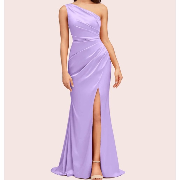 Sexy Mermaid Pleats Side Slit One Shoulder Soft Satin Long Bridesmaid Dress For Wedding